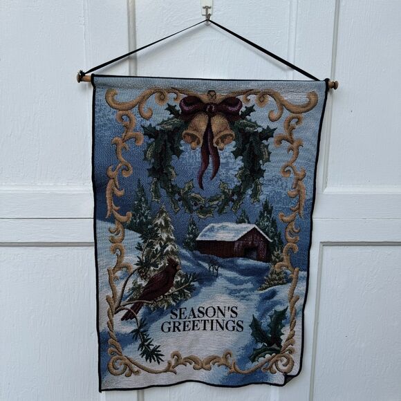 1990s Vintage Manual Woodworkers & Weavers “Season’s Greetings” Wall Tapestry - Picture 5 of 5